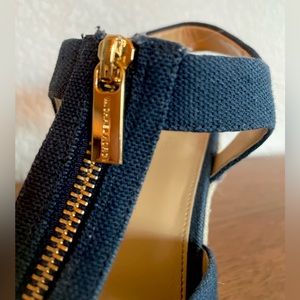 MICHAEL Michael Kors Navy Canvas Wedge Sandals with Gold Hardware